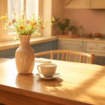 Tradwife vs. stay-at-home mom: principais diferenças e semelhanças reais Warm sunlit kitchen with fresh flowers in vintage vase, morning coffee on wooden table, soft cottage