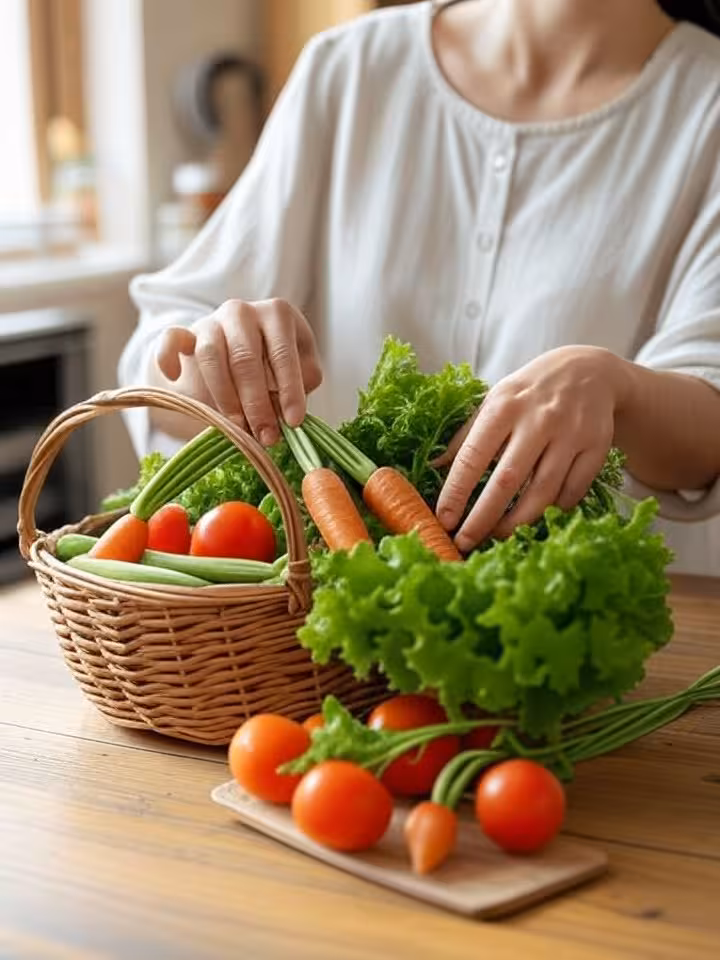 Woman's hands arranging fresh vegetables from farmer's market in wicker basket, pantry organization