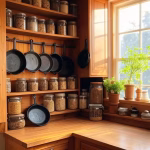 Cómo organizar tu cocina para máxima eficiencia como tradwife: guía práctica y realista Warm cozy traditional American kitchen with organized wooden shelves, vintage jars filled with dry g
