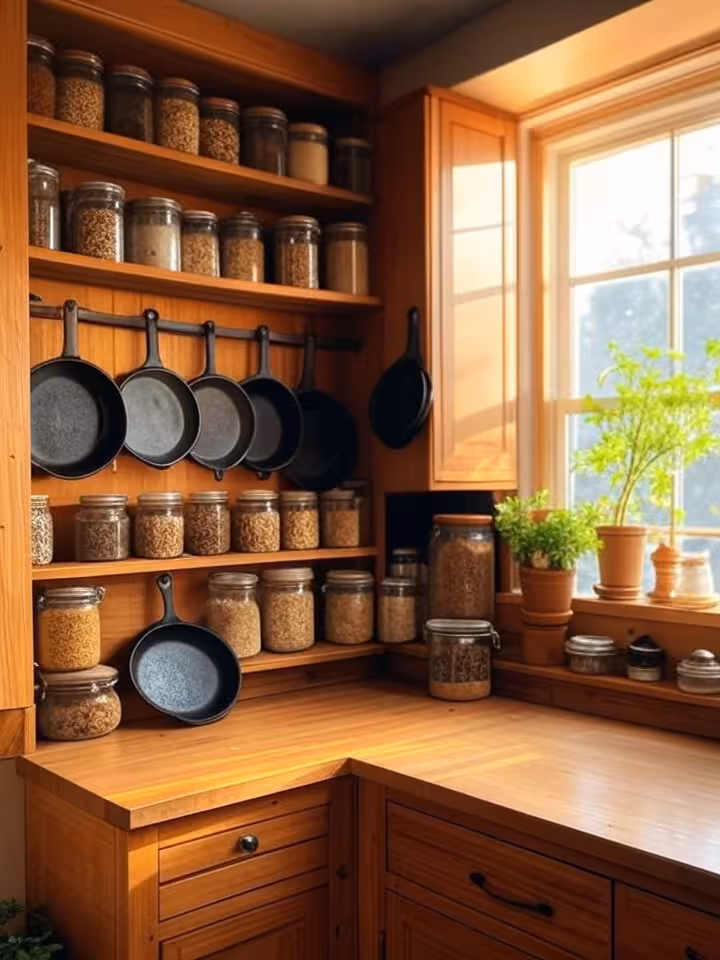 Warm cozy traditional American kitchen with organized wooden shelves, vintage jars filled with dry g
