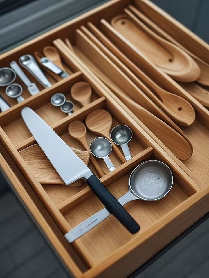 Overhead flat lay of neatly organized kitchen drawer with wooden dividers, quality chef knife, measu