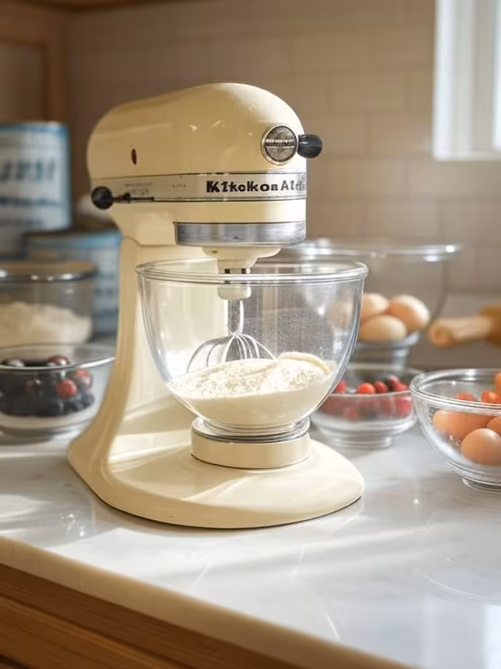 Beautiful KitchenAid mixer in vintage cream color on clean marble countertop, surrounded by fresh in
