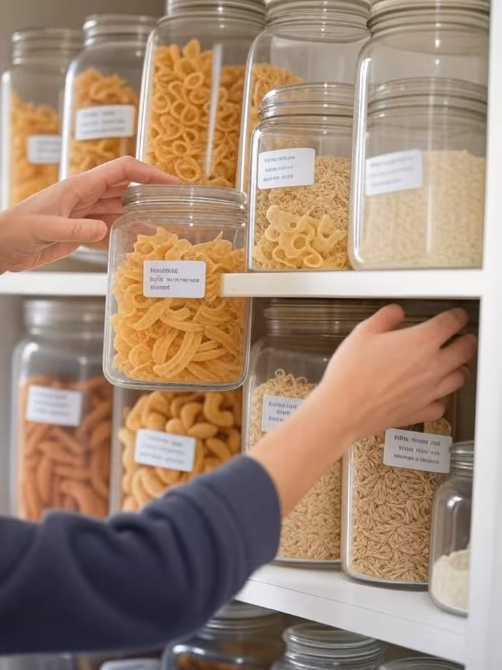 Woman's hands organizing transparent glass jars with labels in white pantry, dried pasta, rice, bean
