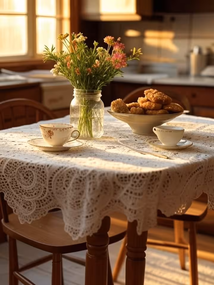Cozy kitchen corner with small wooden table set for two, vintage lace tablecloth, fresh flowers in m