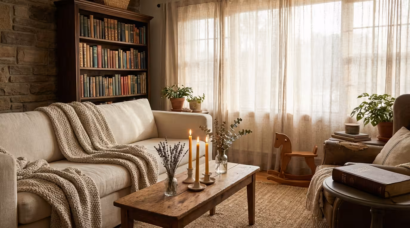 Cozy traditional family living room with bookshelves, warm blankets, and candlelight
