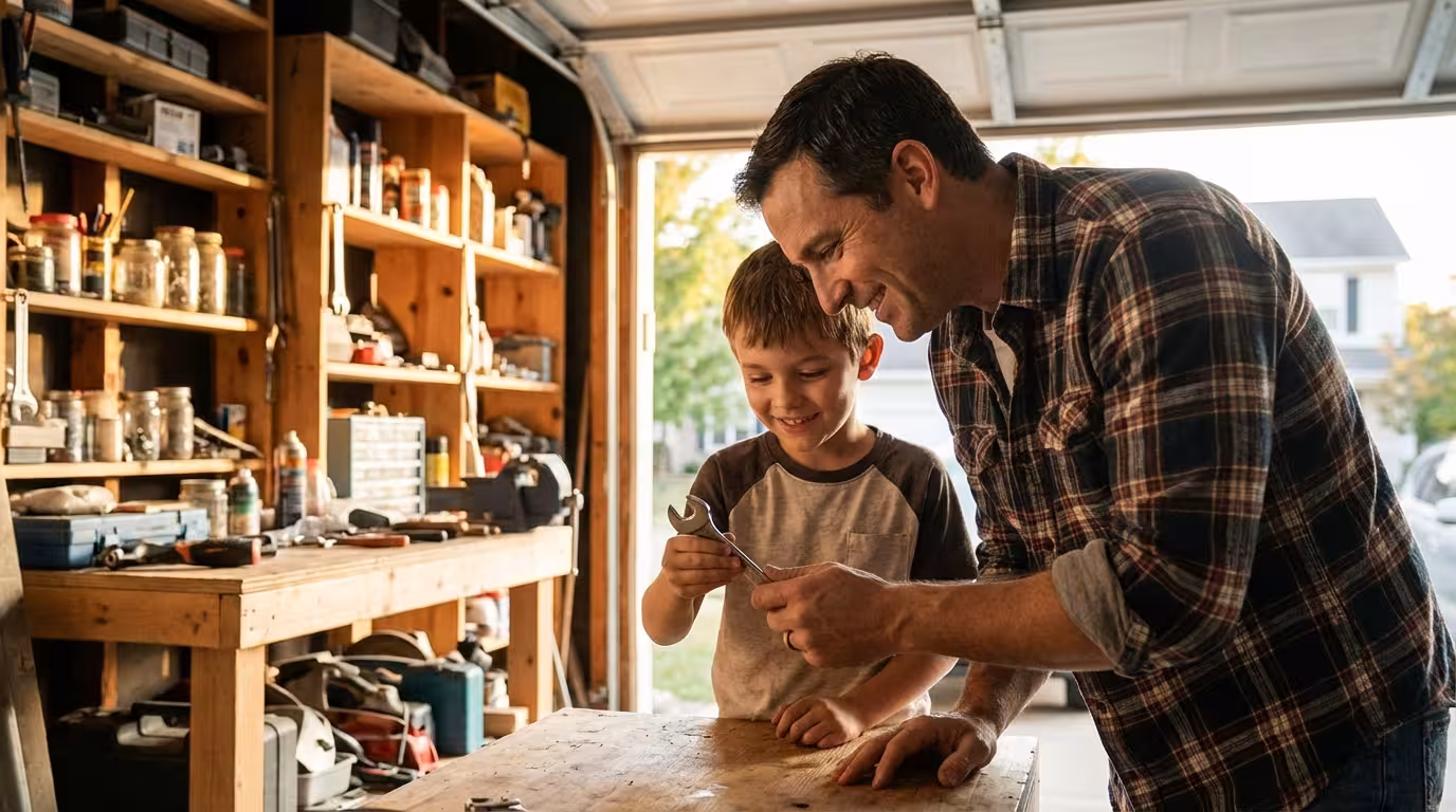 Traditional husband and father teaching his young son woodworking in a home workshop