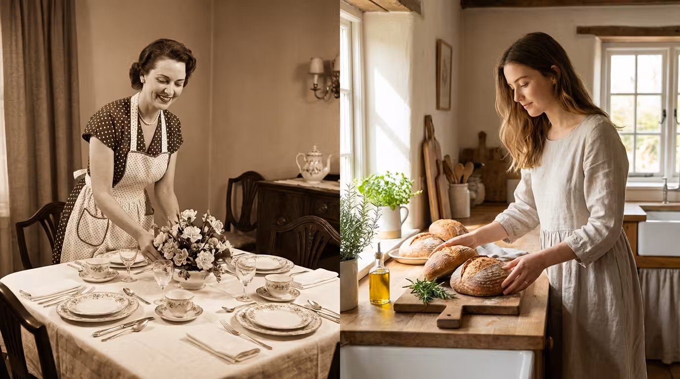 Split view showing a 1950s homemaker and a modern traditional wife representing the tradwife movement evolution
