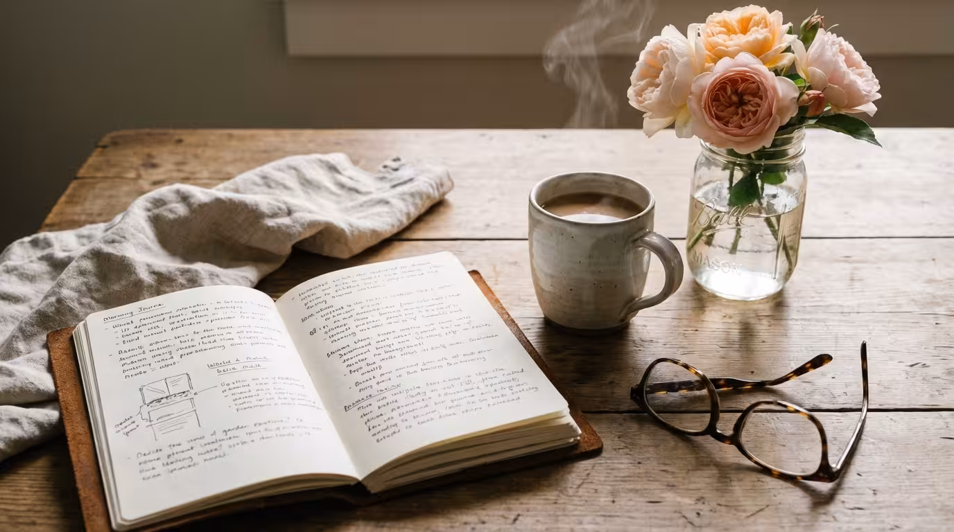 Morning routine of a traditional wife with journal, coffee, and fresh flowers on a wooden table