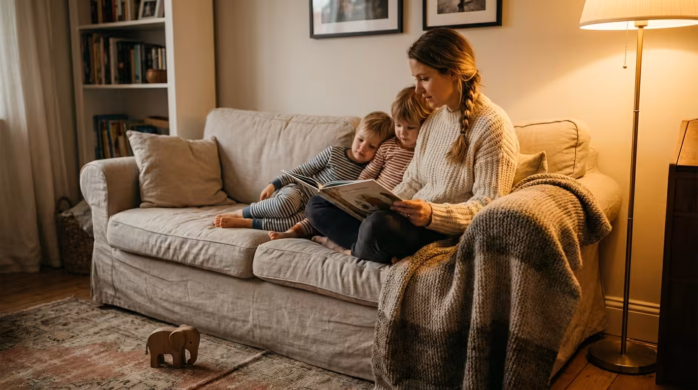 Traditional mother reading a storybook to her children on a cozy sofa at home