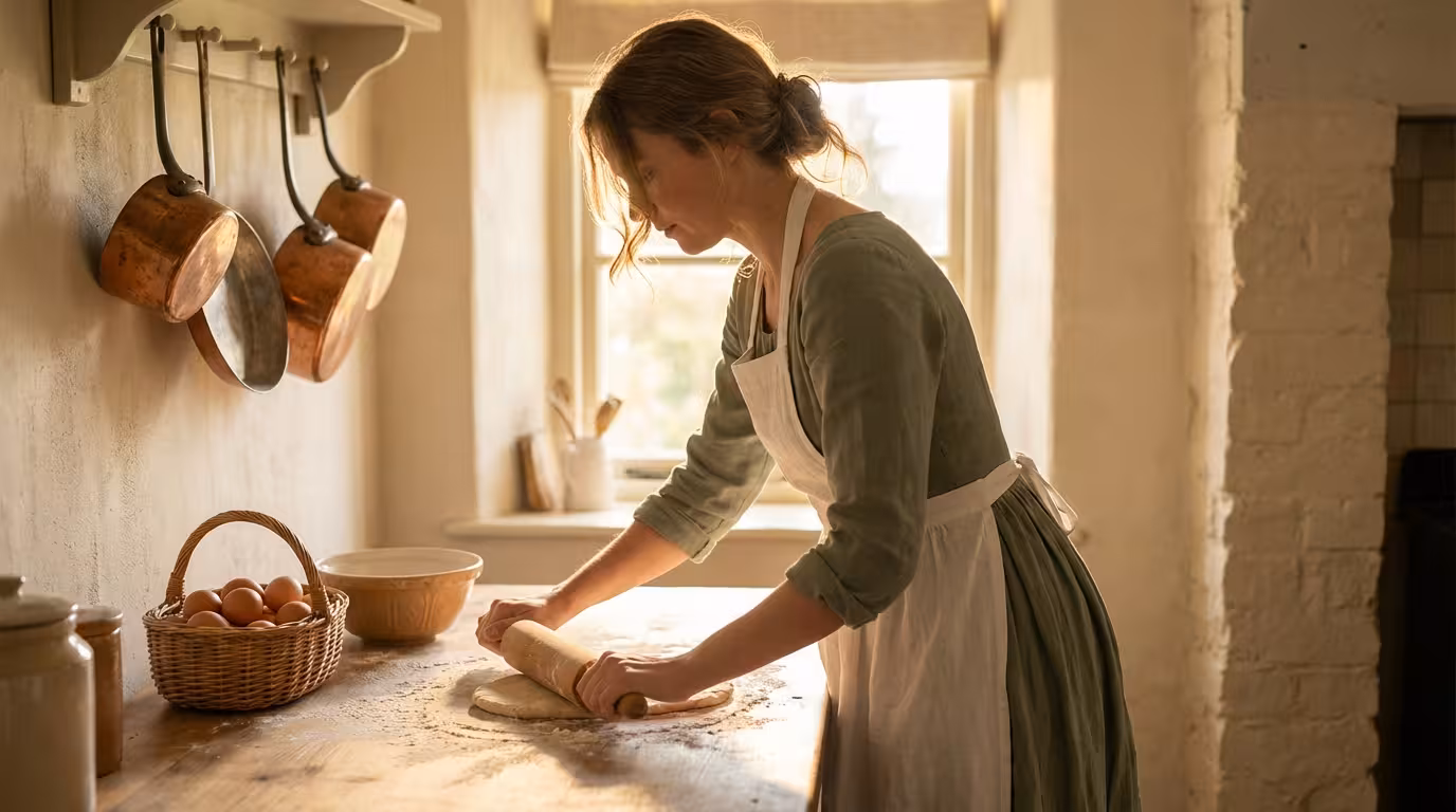 Traditional wife in a sunlit cottage kitchen embodying the tradwife lifestyle