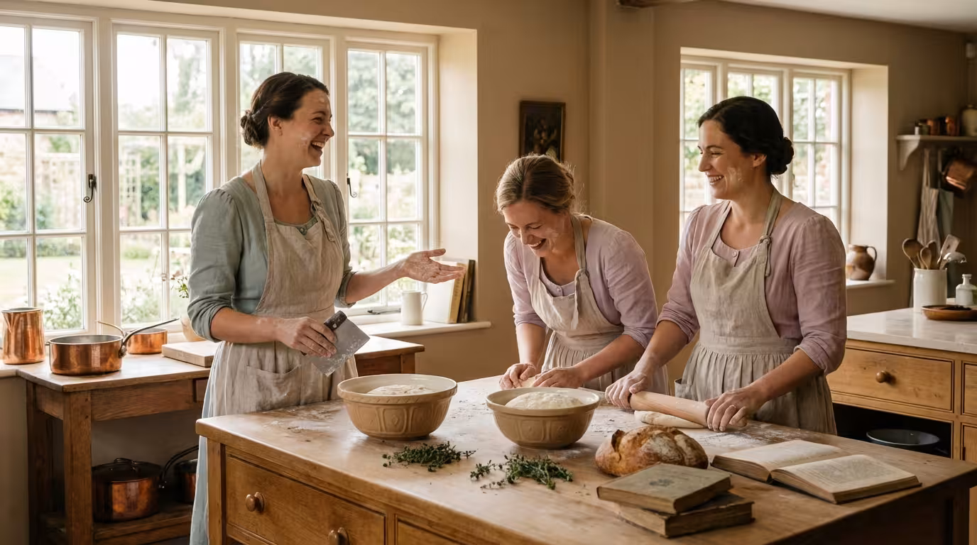 Group of traditional women laughing together while baking bread in a farmhouse kitchen