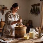How to Make Homemade Butter, Cheese, and Dairy Products at Home Woman in vintage apron churning fresh cream into butter in a rustic farmhouse kitchen with mason jar