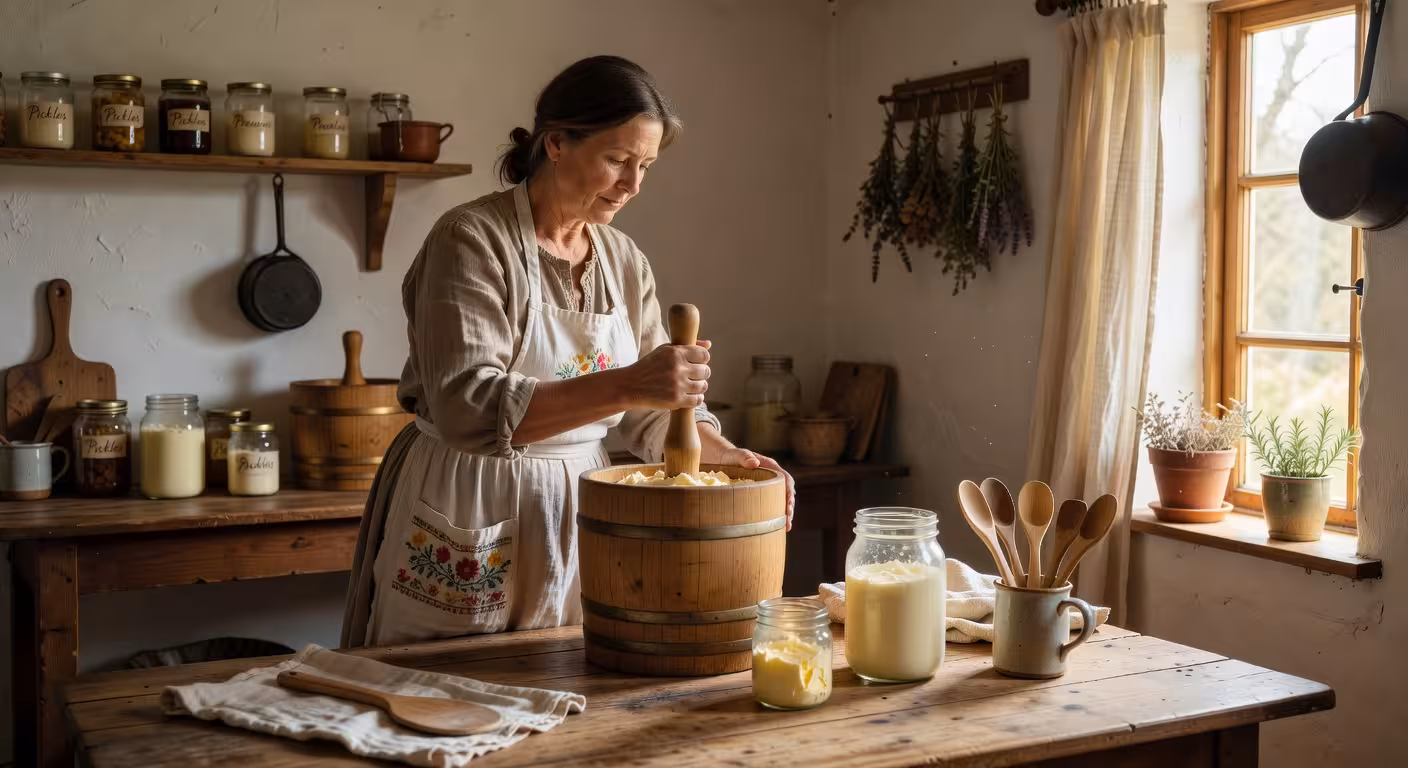 Woman in vintage apron churning fresh cream into butter in a rustic farmhouse kitchen with mason jar