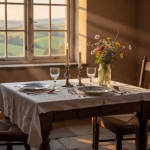 Romantic Dinners for Two at Home: Simple Ideas That Strengthen Your Marriage Elegant vintage dining table set for two with white linen tablecloth, tapered candles in silver hold
