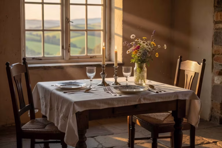 Elegant vintage dining table set for two with white linen tablecloth, tapered candles in silver hold