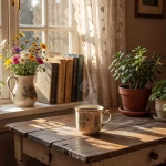 Daily Gratitude as a Spiritual Practice: A Tradwife's Guide to Finding Joy Cozy morning scene with vintage lace curtains, soft golden sunlight streaming through window, steami