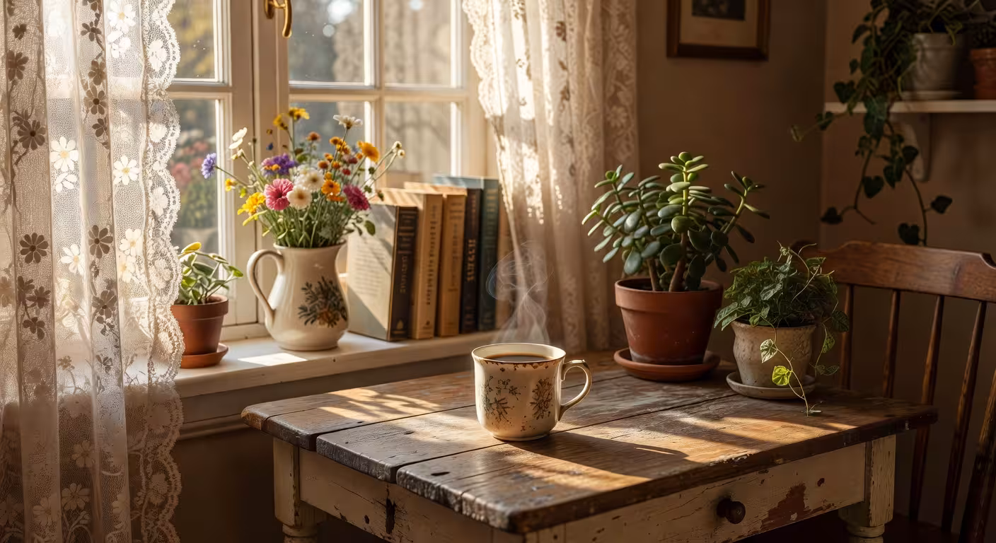 Cozy morning scene with vintage lace curtains, soft golden sunlight streaming through window, steami
