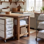 Laundry Organization Systems That Save Hours Every Week Cozy farmhouse laundry room with organized white sorting bins, vintage wire baskets, and rolling car