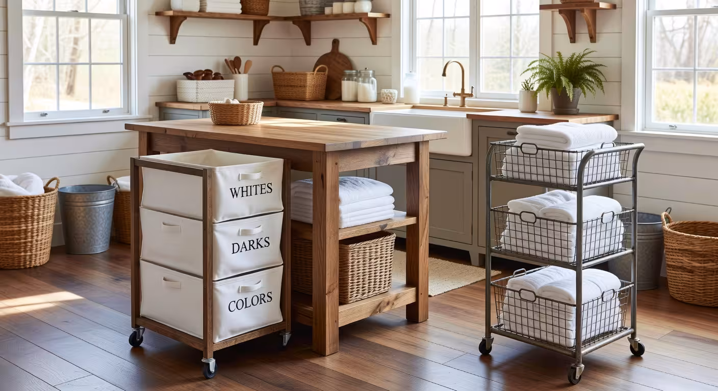 Cozy farmhouse laundry room with organized white sorting bins, vintage wire baskets, and rolling car