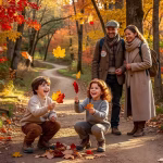 Outdoor Activities for the Whole Family: A Tradwife's Guide to Nature & Connection Warm autumn family hiking scene with children playing in colorful fallen leaves, parents watching lo