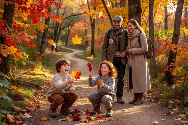 Warm autumn family hiking scene with children playing in colorful fallen leaves, parents watching lo