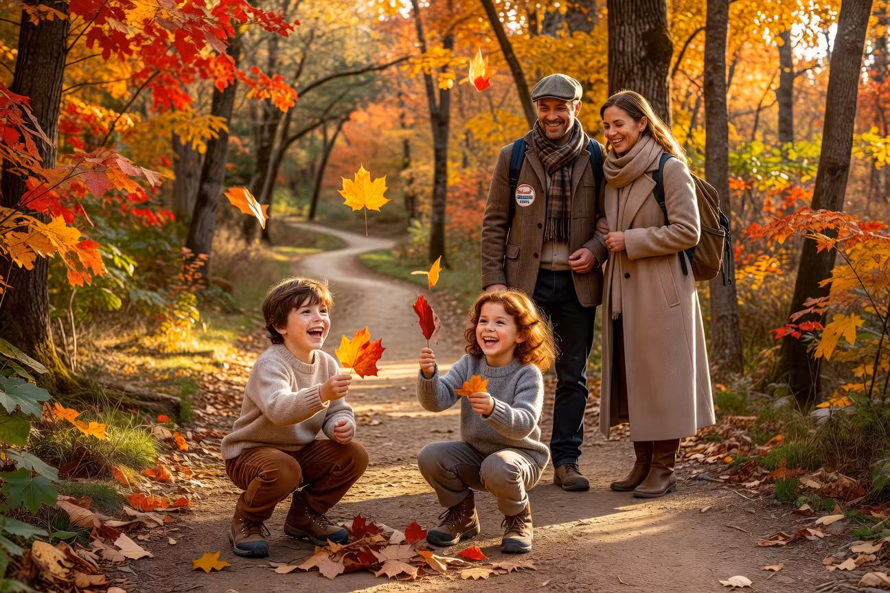 Warm autumn family hiking scene with children playing in colorful fallen leaves, parents watching lo