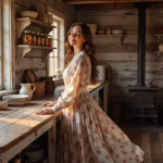 Prairie Dresses: The Modern Tradwife's Timeless Wardrobe Staple Young woman in flowing cream prairie dress with floral print standing in sunlit farmhouse kitchen, w