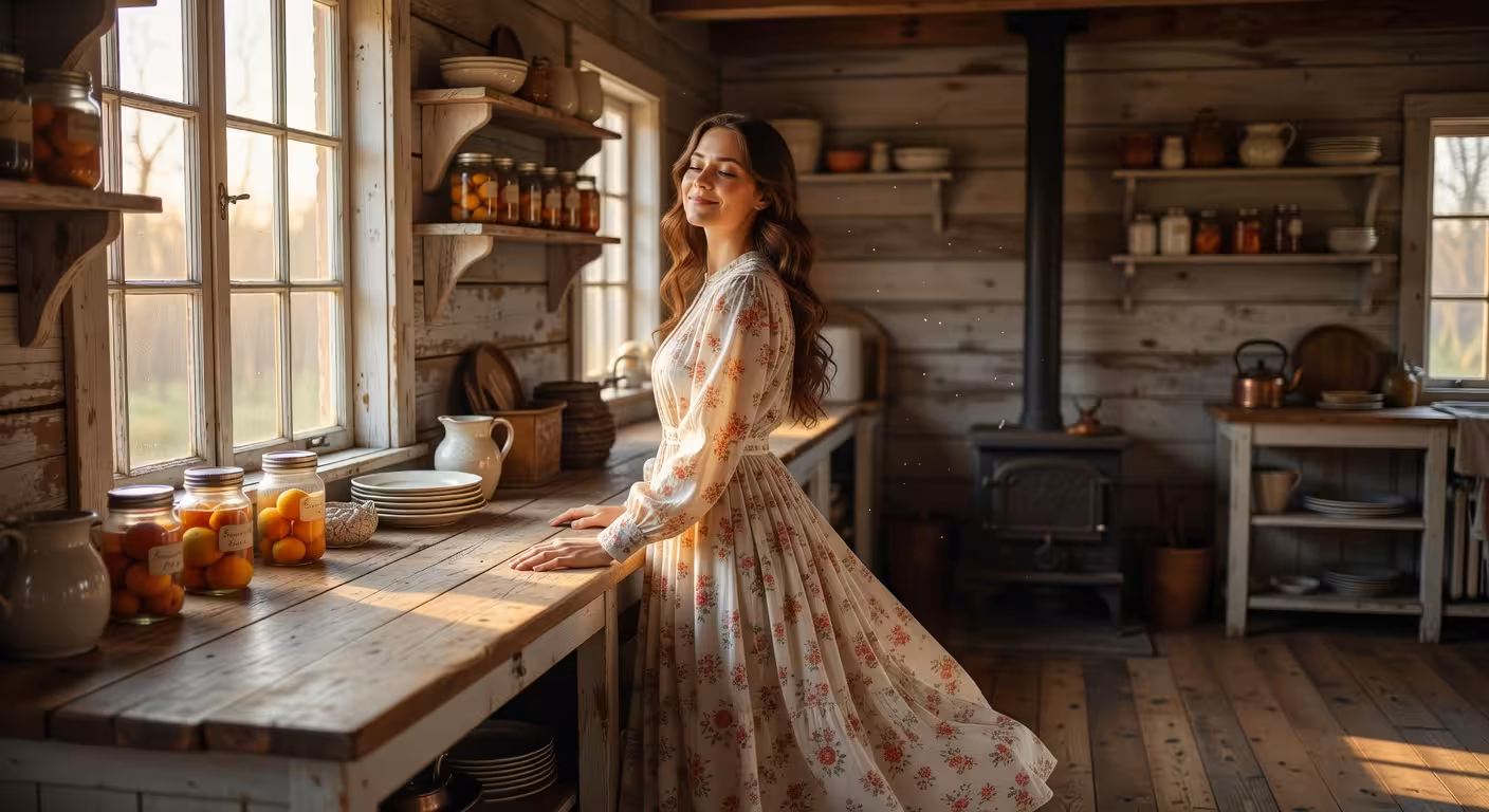 Young woman in flowing cream prairie dress with floral print standing in sunlit farmhouse kitchen, w