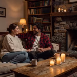 The Importance of Date Nights in a Tradwife Marriage warm couple having intimate conversation during cozy home date night with candles and soft lighting,