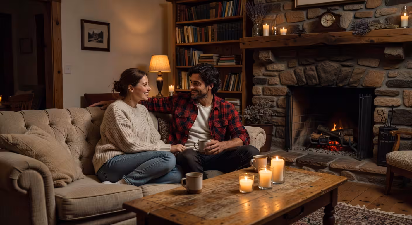 warm couple having intimate conversation during cozy home date night with candles and soft lighting,