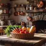 Healthy Eating for the Whole Family on a Budget: Practical Tips That Actually Work Warm rustic kitchen scene with fresh vegetables in wicker basket on wooden farmhouse table, soft nat