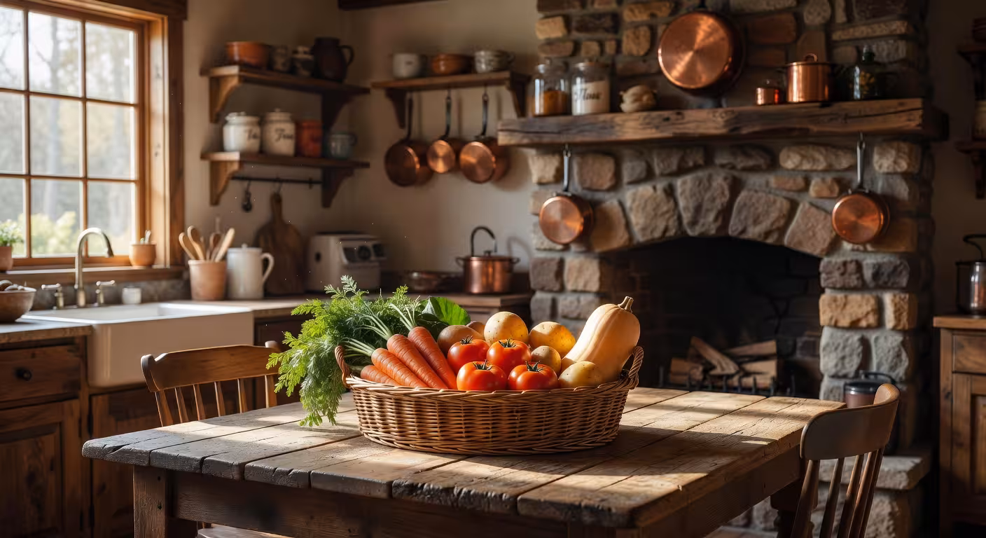 Warm rustic kitchen scene with fresh vegetables in wicker basket on wooden farmhouse table, soft nat
