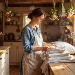 12 Meaningful Hobbies Every Tradwife Should Explore in 2025 Cozy farmhouse kitchen with natural sunlight streaming through windows, woman in apron folding fresh