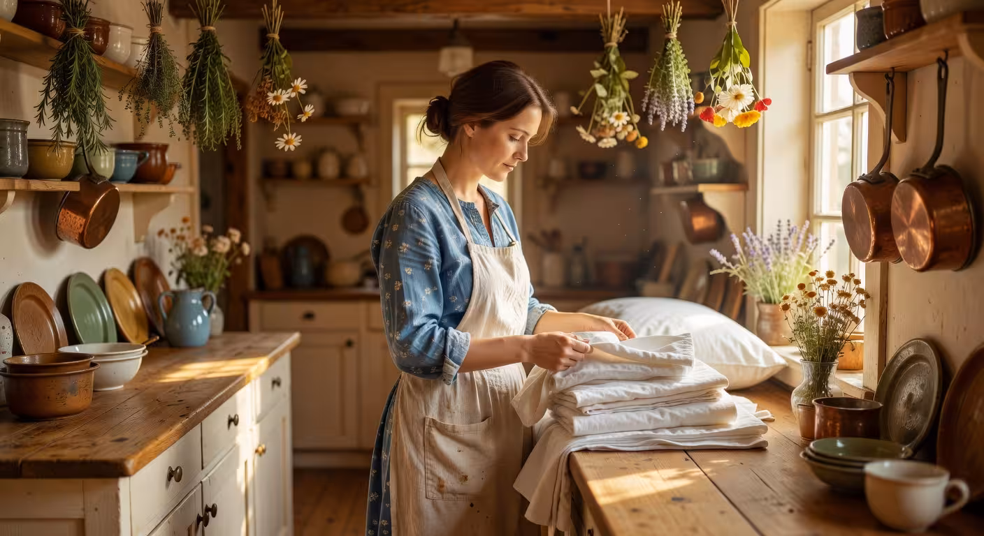 Cozy farmhouse kitchen with natural sunlight streaming through windows, woman in apron folding fresh