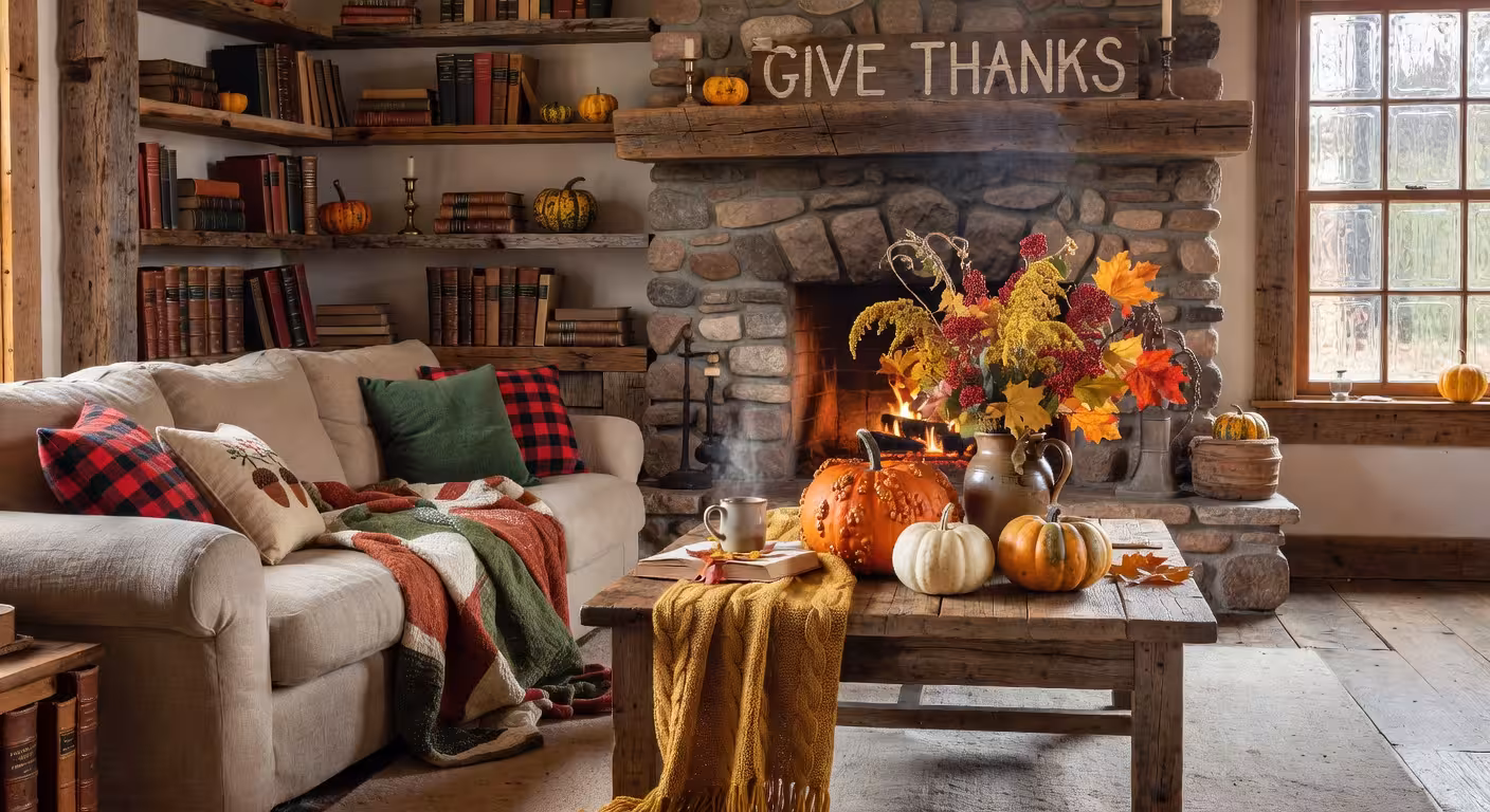 Cozy farmhouse living room decorated for autumn with natural pumpkins, warm blankets, vintage pitche