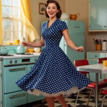 7 Essential 1950s Dresses Every Tradwife Should Own in Her Wardrobe Woman in 1950s polka dot swing dress twirling in bright vintage kitchen with checkered floor, warm n