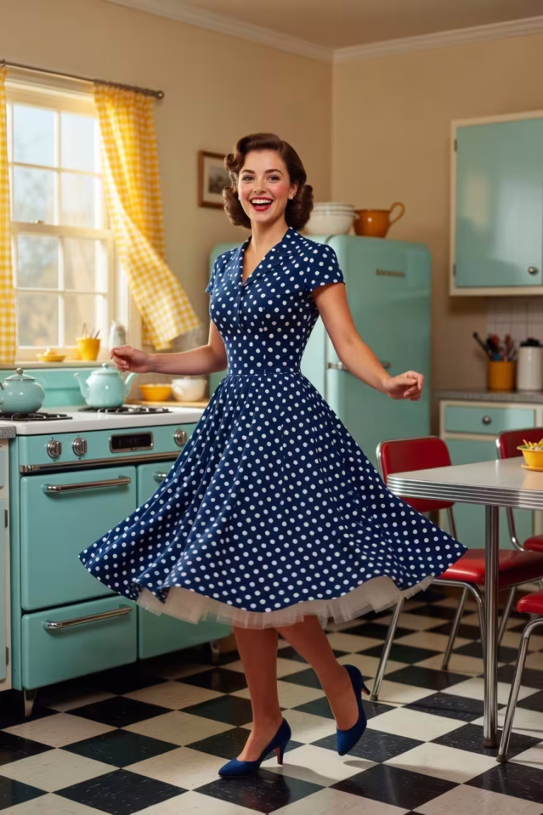 Woman in 1950s polka dot swing dress twirling in bright vintage kitchen with checkered floor, warm n