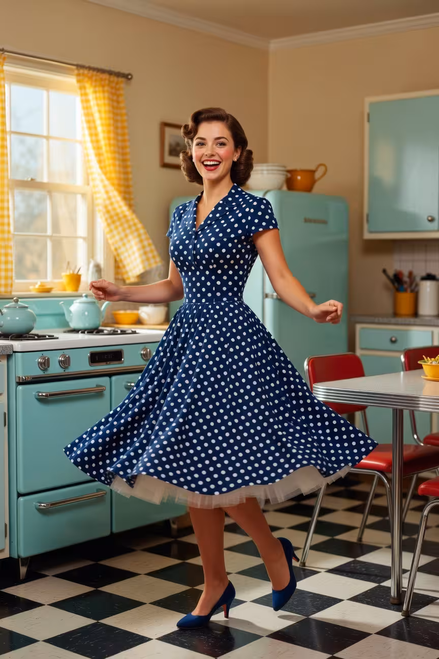 Woman in 1950s polka dot swing dress twirling in bright vintage kitchen with checkered floor, warm n