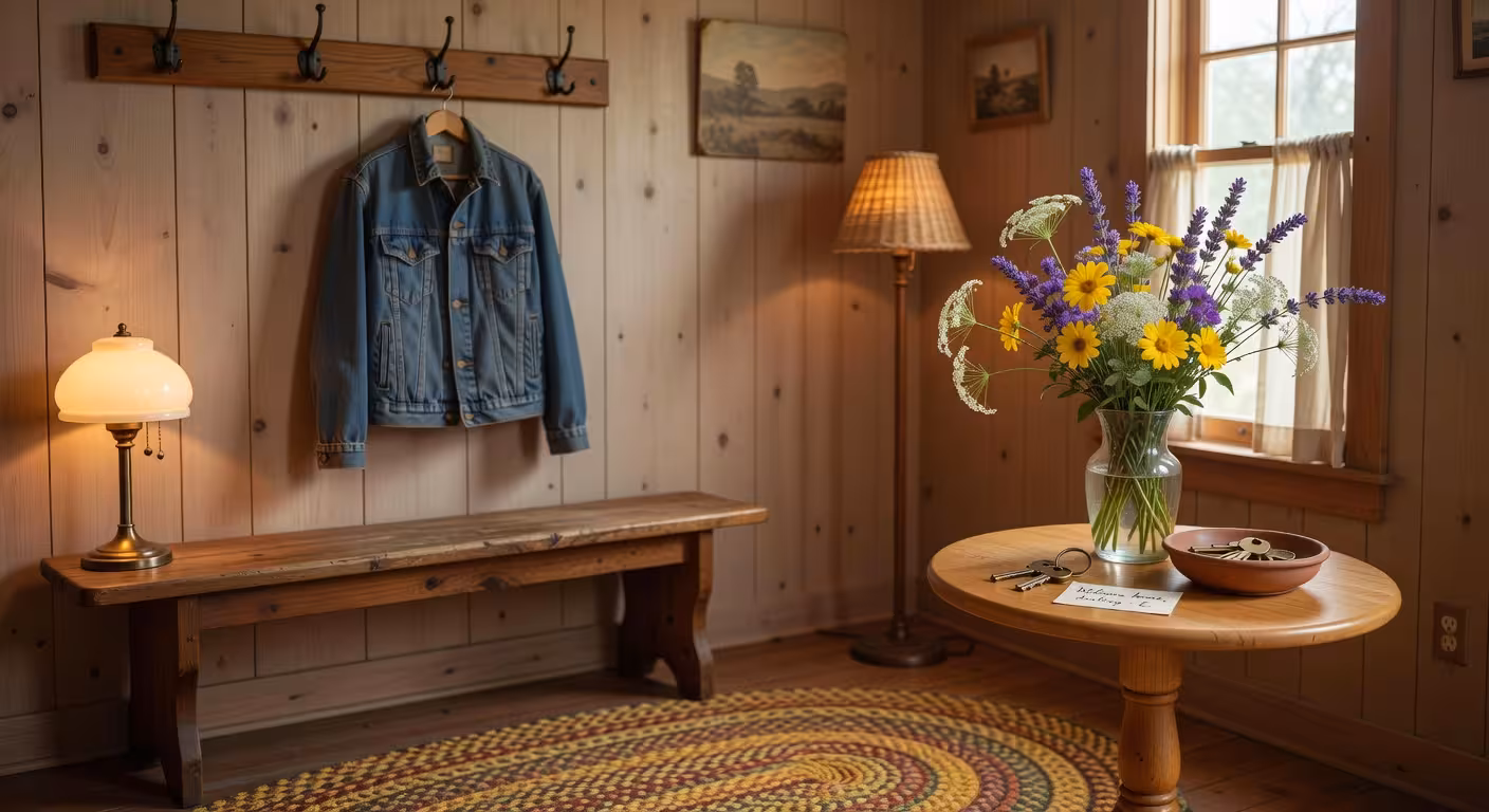 Cozy home entryway with warm lighting, coat rack with jacket, small table with keys and fresh flower