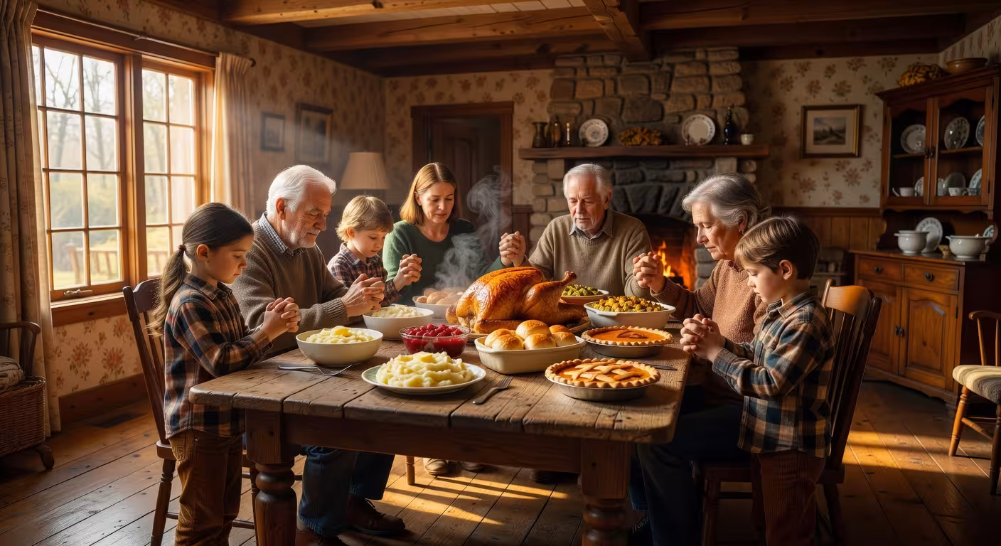 Warm family gathered around rustic farmhouse dinner table holding hands in prayer, golden hour sunli