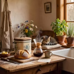 How to Live on One Income in America: A Practical Tradwife Guide Warm sunlit farmhouse kitchen with vintage aesthetic, fresh bread on wooden counter, morning coffee
