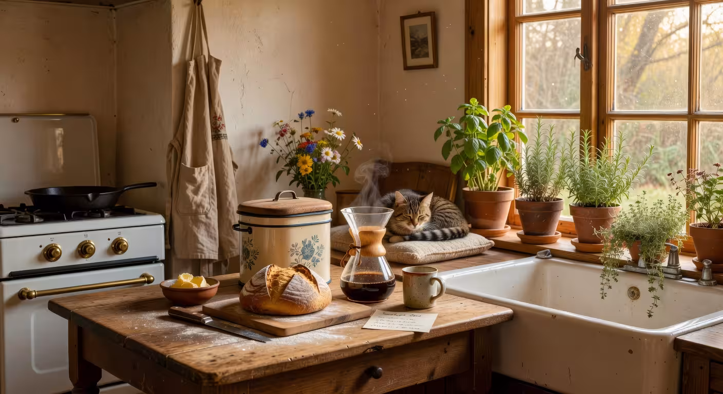 Warm sunlit farmhouse kitchen with vintage aesthetic, fresh bread on wooden counter, morning coffee