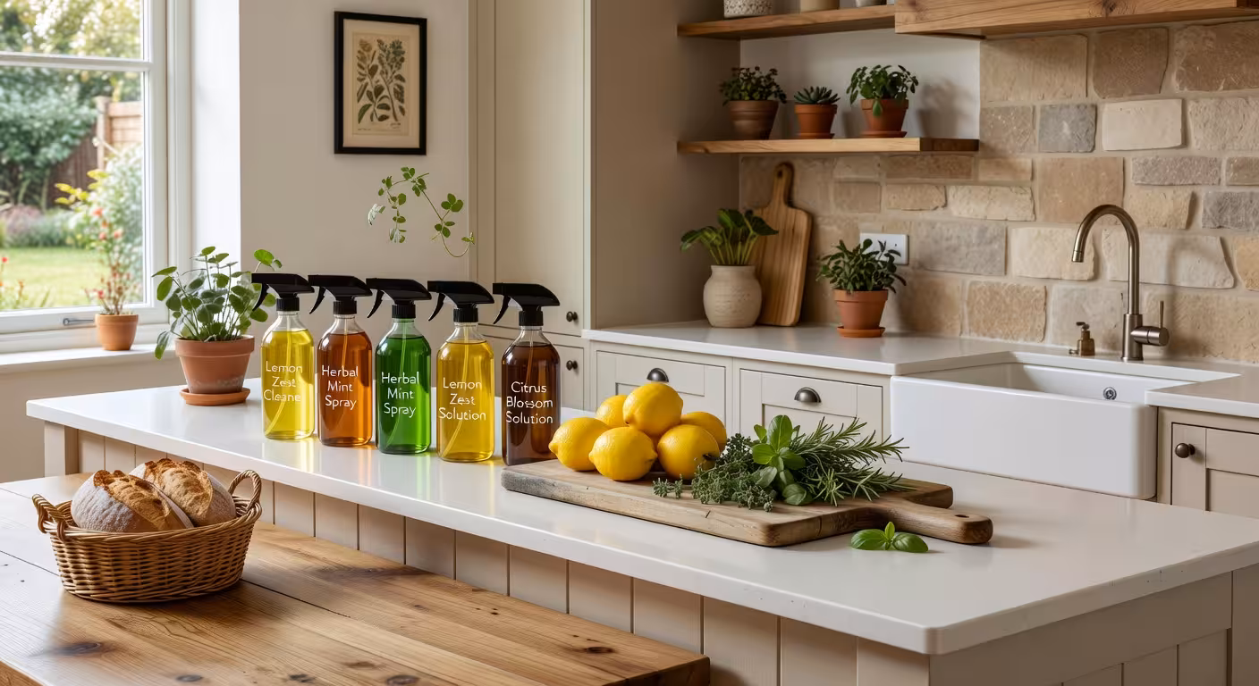 Bright modern farmhouse kitchen with white countertops and glass spray bottles filled with natural c