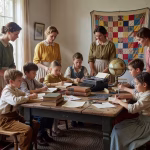 How to Find Homeschool Co-Ops in Your Area: A Tradwife's Complete Guide Warm homeschool co-op gathering with mothers and children in cozy farmhouse living room, vintage aes