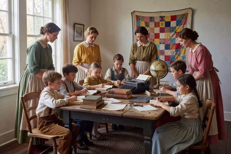 Warm homeschool co-op gathering with mothers and children in cozy farmhouse living room, vintage aes