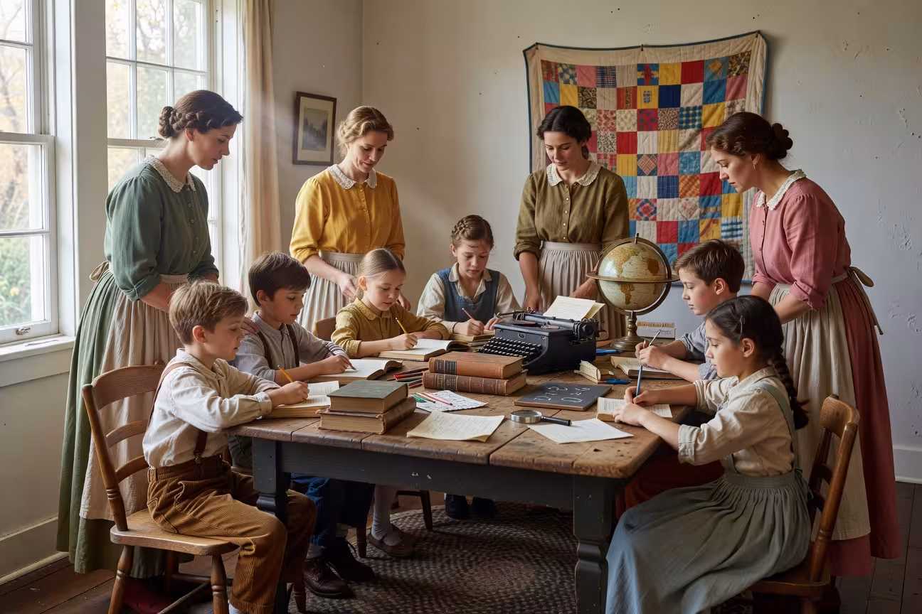 Warm homeschool co-op gathering with mothers and children in cozy farmhouse living room, vintage aes