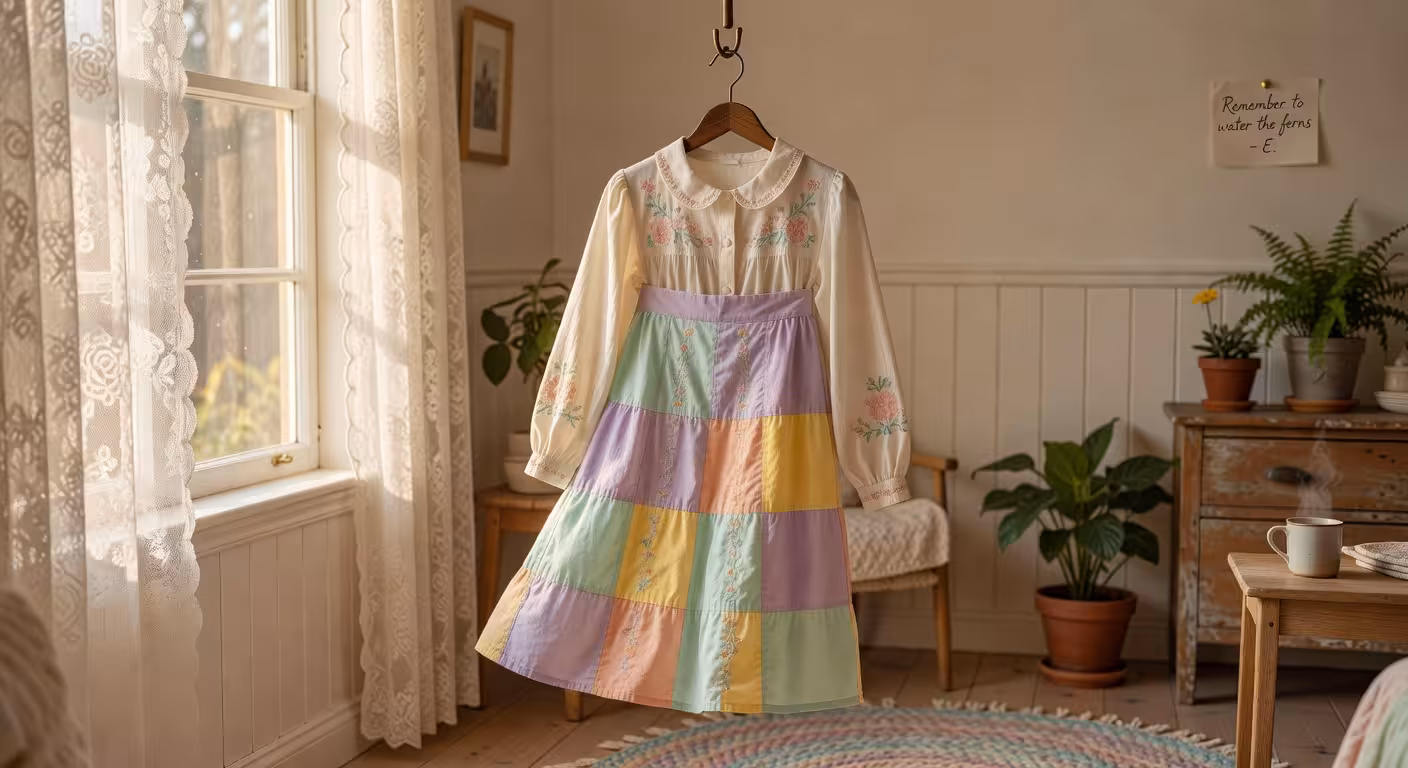 Feminine modest cotton skirt and blouse hanging on vintage wooden hanger near lace curtained window