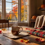 How to Support Your Husband's Dreams and Goals Warm autumn morning scene with coffee mug on wooden farmhouse table, window light streaming in, cozy