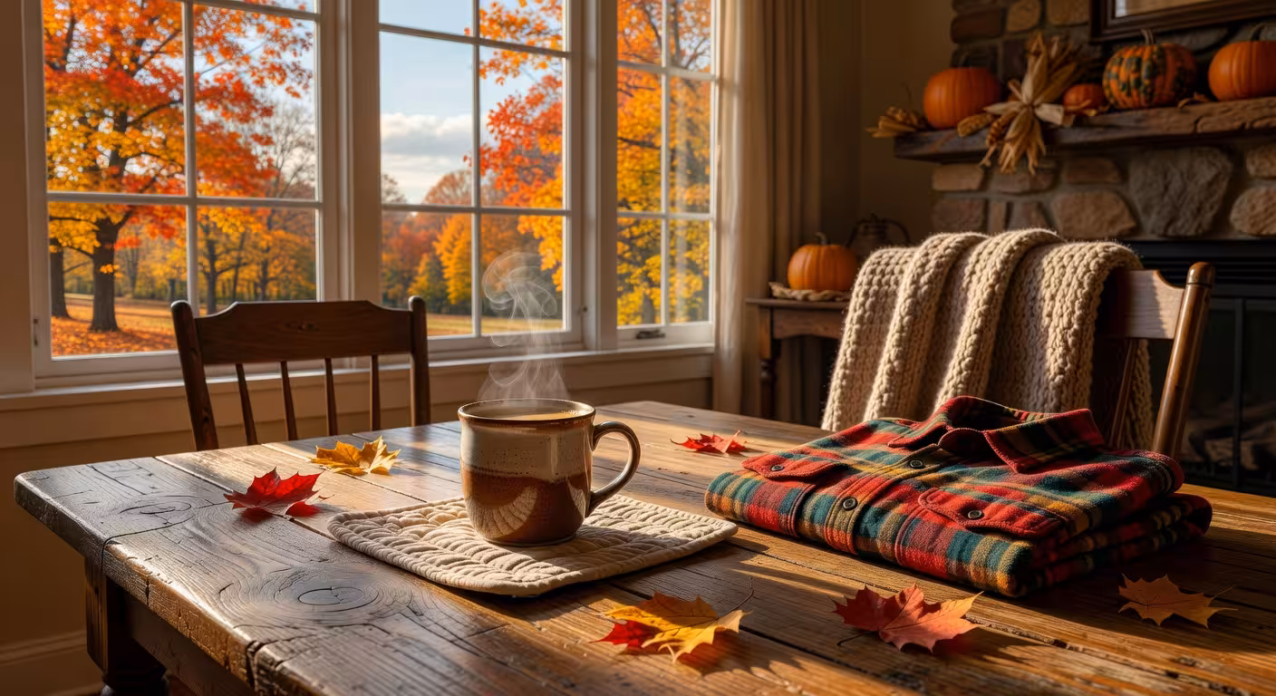 Warm autumn morning scene with coffee mug on wooden farmhouse table, window light streaming in, cozy