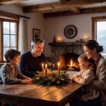 How to Celebrate Christian Holidays as a Family: Meaningful Traditions That Last Cozy family gathered around wooden table with Advent wreath, candles glowing warmly, winter window w